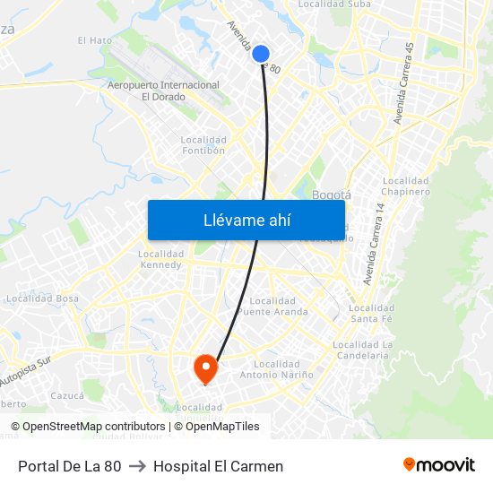 Portal De La 80 to Hospital El Carmen map