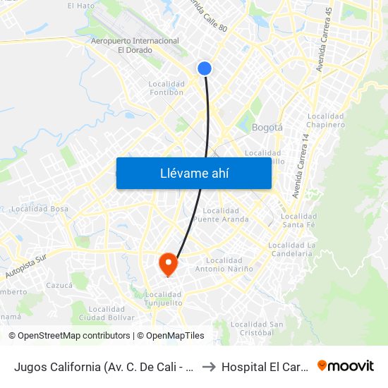 Jugos California (Av. C. De Cali - Ac 63) to Hospital El Carmen map