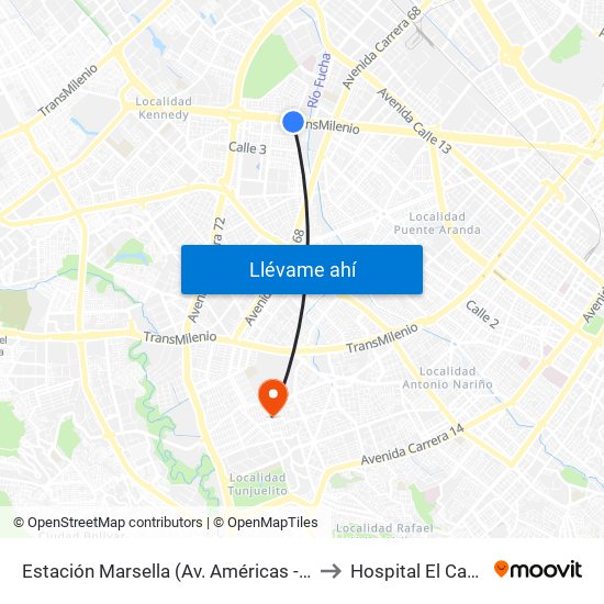 Estación Marsella (Av. Américas - Kr 69b) to Hospital El Carmen map