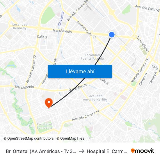 Br. Ortezal (Av. Américas - Tv 39) to Hospital El Carmen map