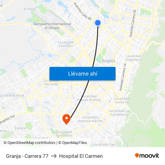 Granja - Carrera 77 to Hospital El Carmen map