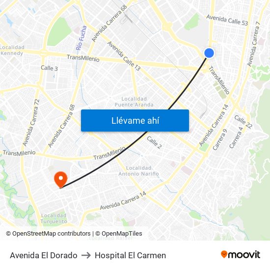 Avenida El Dorado to Hospital El Carmen map