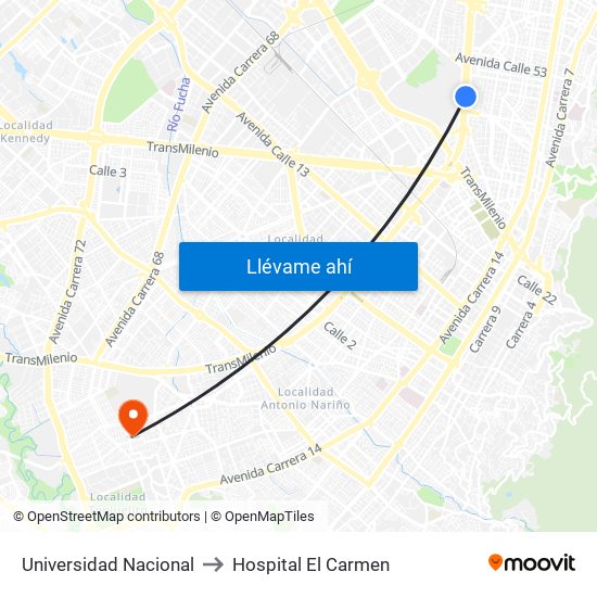 Universidad Nacional to Hospital El Carmen map