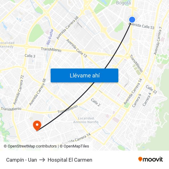 Campín - Uan to Hospital El Carmen map