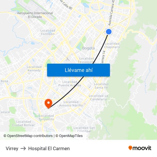 Virrey to Hospital El Carmen map