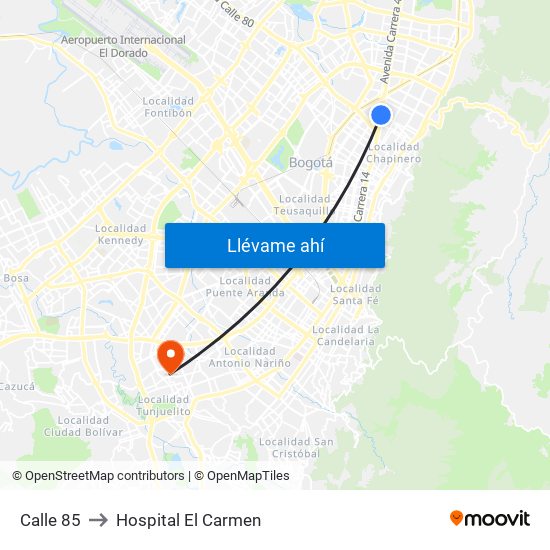 Calle 85 to Hospital El Carmen map