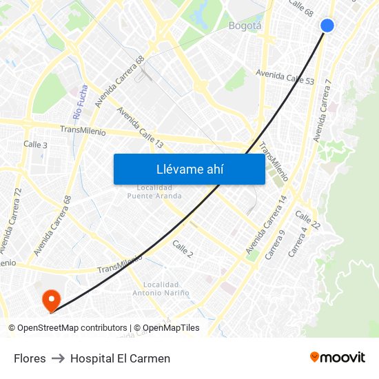 Flores to Hospital El Carmen map