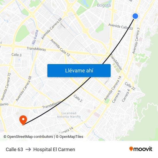 Calle 63 to Hospital El Carmen map
