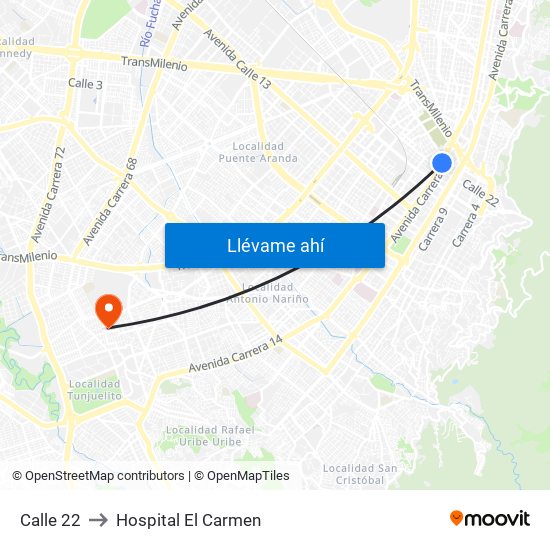 Calle 22 to Hospital El Carmen map