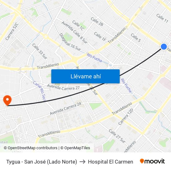 Tygua - San José (Lado Norte) to Hospital El Carmen map