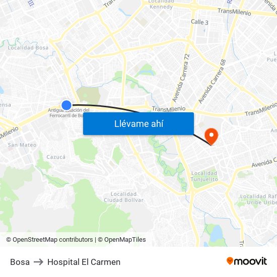 Bosa to Hospital El Carmen map