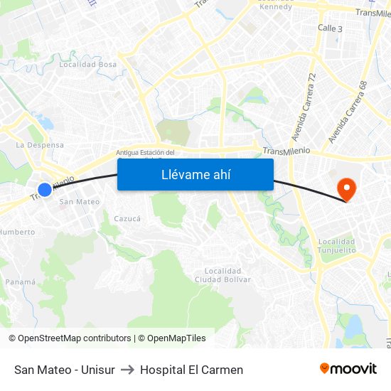 San Mateo - Unisur to Hospital El Carmen map