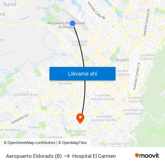 Aeropuerto Eldorado (B) to Hospital El Carmen map