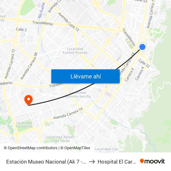 Estación Museo Nacional (Ak 7 - Cl 29) to Hospital El Carmen map