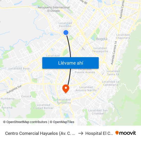 Centro Comercial Hayuelos (Av. C. De Cali - Cl 20) to Hospital El Carmen map