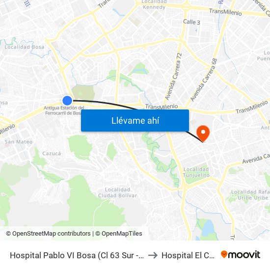 Hospital Pablo VI Bosa (Cl 63 Sur - Kr 77g) (A) to Hospital El Carmen map