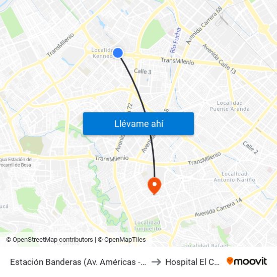 Estación Banderas (Av. Américas - Kr 78a) (A) to Hospital El Carmen map