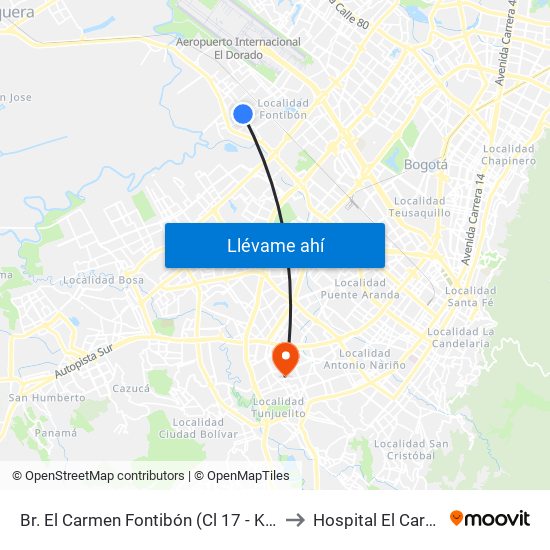 Br. El Carmen Fontibón (Cl 17 - Kr 100) to Hospital El Carmen map