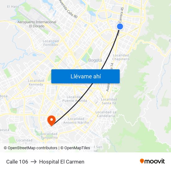 Calle 106 to Hospital El Carmen map