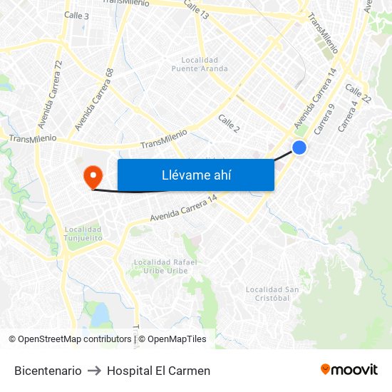 Bicentenario to Hospital El Carmen map