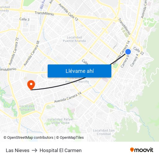 Las Nieves to Hospital El Carmen map