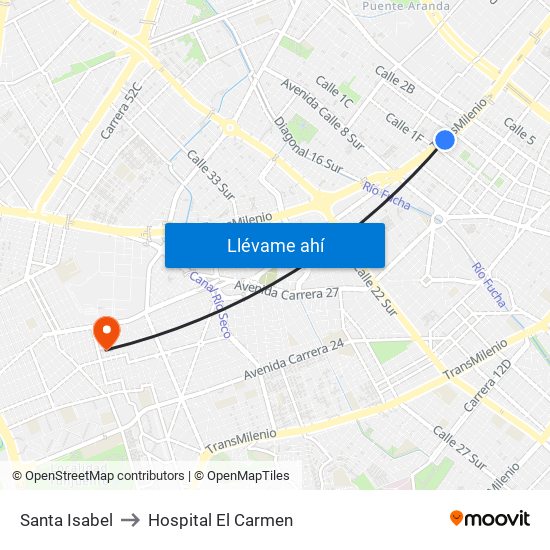 Santa Isabel to Hospital El Carmen map