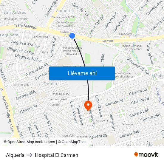 Alquería to Hospital El Carmen map