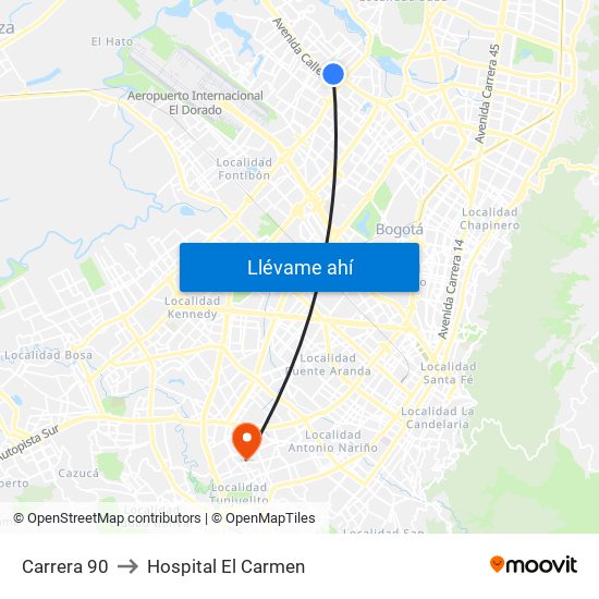 Carrera 90 to Hospital El Carmen map