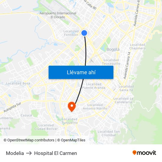 Modelia to Hospital El Carmen map