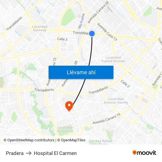 Pradera to Hospital El Carmen map