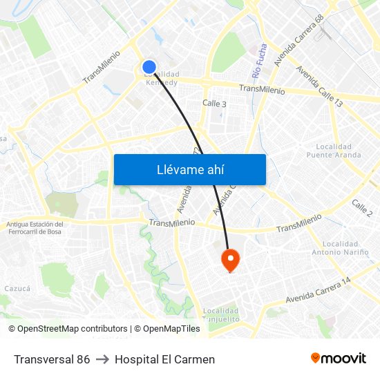 Transversal 86 to Hospital El Carmen map