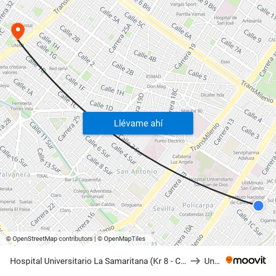 Hospital Universitario La Samaritana (Kr 8 - Cl 0 Sur) to Unad map