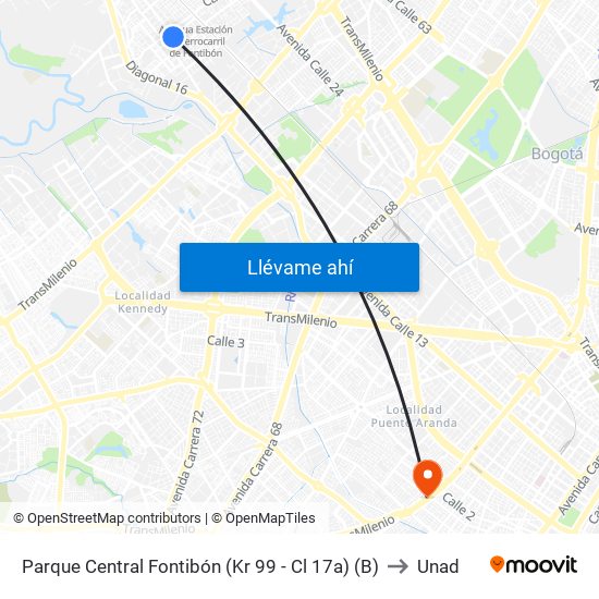 Parque Central Fontibón (Kr 99 - Cl 17a) (B) to Unad map