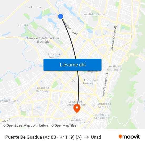 Puente De Guadua (Ac 80 - Kr 119) (A) to Unad map