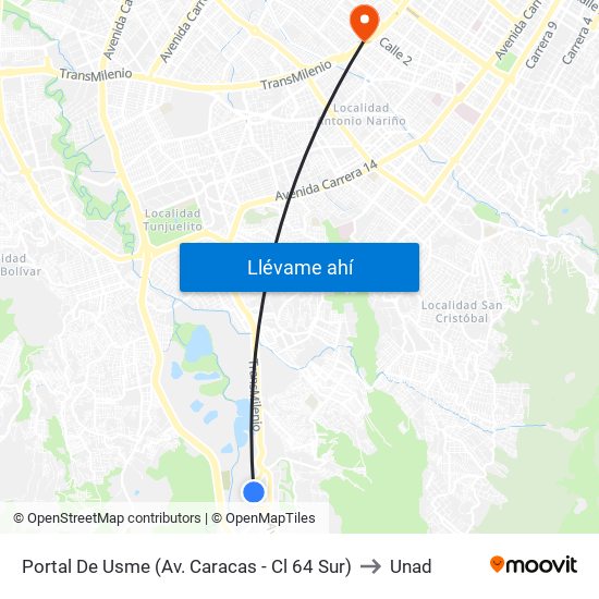 Portal De Usme (Av. Caracas - Cl 64 Sur) to Unad map