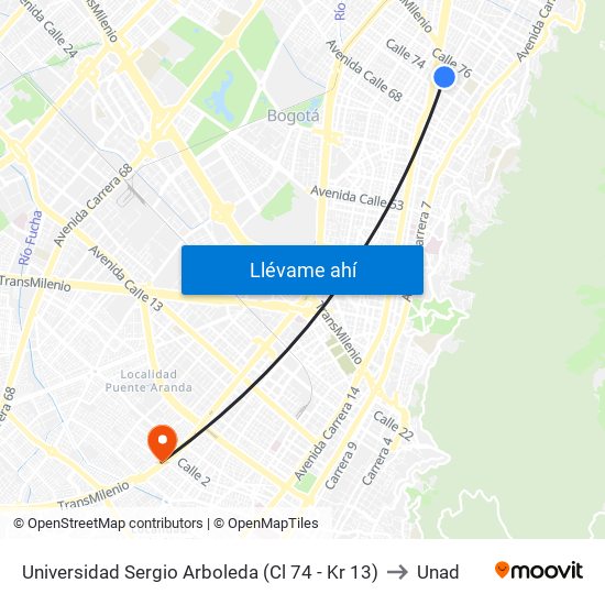 Universidad Sergio Arboleda (Cl 74 - Kr 13) to Unad map