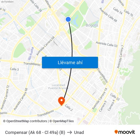 Compensar (Ak 68 - Cl 49a) (B) to Unad map