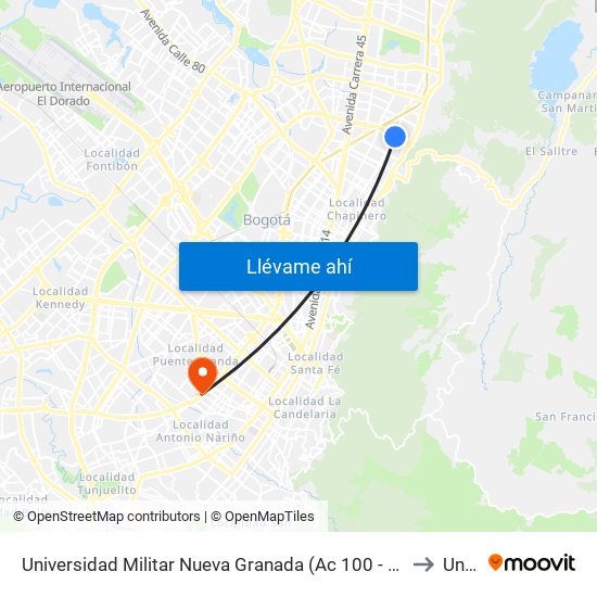 Universidad Militar Nueva Granada (Ac 100 - Kr 10) (B) to Unad map