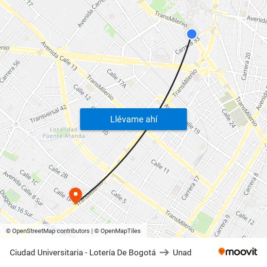 Ciudad Universitaria - Lotería De Bogotá to Unad map