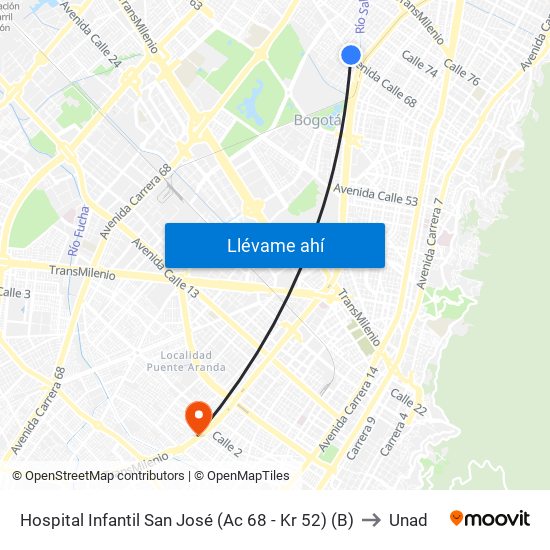 Hospital Infantil San José (Ac 68 - Kr 52) (B) to Unad map