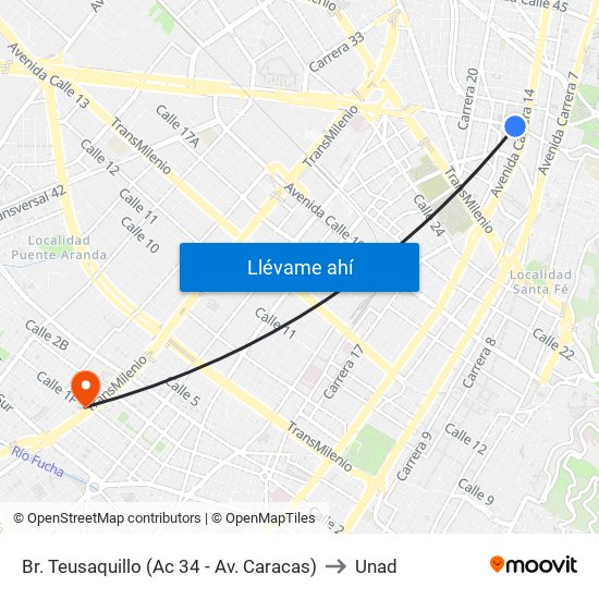 Br. Teusaquillo (Ac 34 - Av. Caracas) to Unad map
