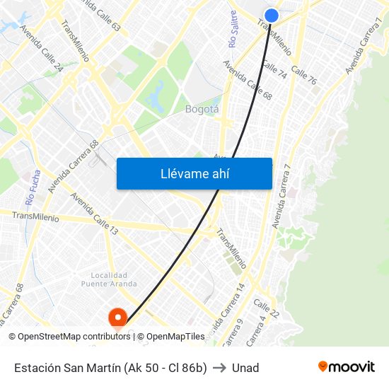 Estación San Martín (Ak 50 - Cl 86b) to Unad map