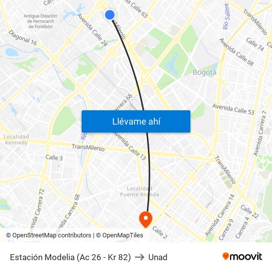 Estación Modelia (Ac 26 - Kr 82) to Unad map
