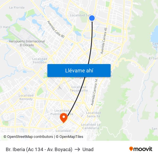 Br. Iberia (Ac 134 - Av. Boyacá) to Unad map