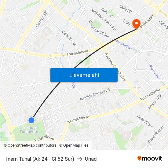 Inem Tunal (Ak 24 - Cl 52 Sur) to Unad map