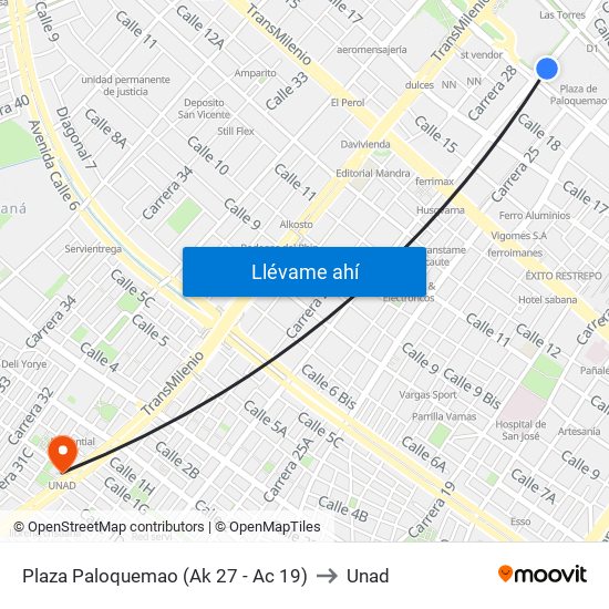 Plaza Paloquemao (Ak 27 - Ac 19) to Unad map