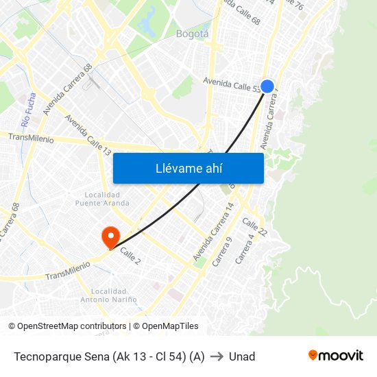 Tecnoparque Sena (Ak 13 - Cl 54) (A) to Unad map