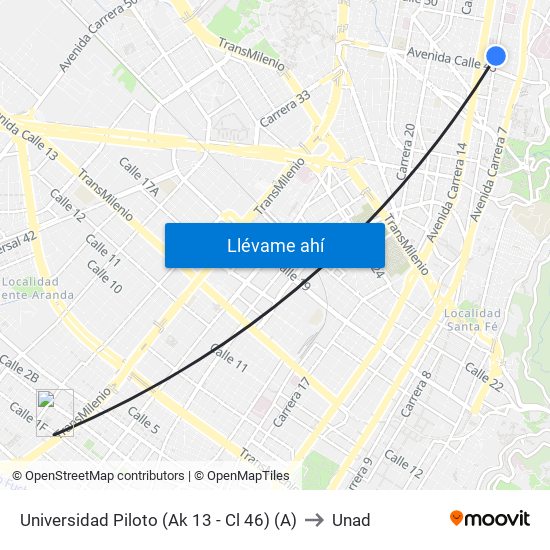 Universidad Piloto (Ak 13 - Cl 46) (A) to Unad map