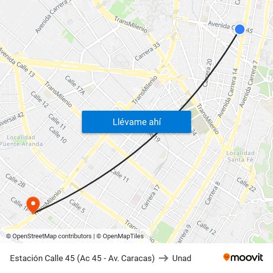 Estación Calle 45 (Ac 45 - Av. Caracas) to Unad map