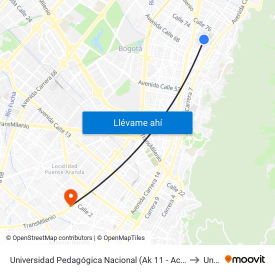 Universidad Pedagógica Nacional (Ak 11 - Ac 72) (A) to Unad map